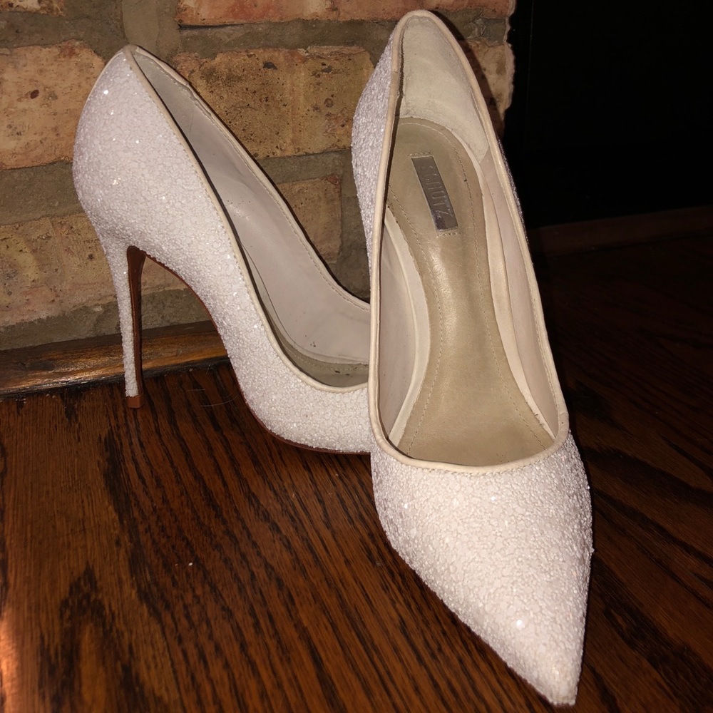 Schutz white chunky glitty bridal pumps